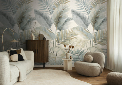 Fototapete Blätter Beige Blau - 1,59 m x 2,80 m
