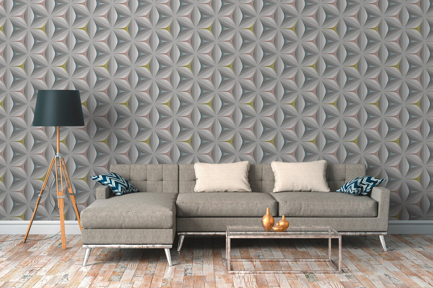 Scandinavian 2 Geometrische Vliestapete Grau Rosa Gelb 10,05 m x 0,53 m