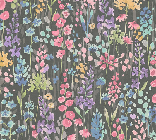 Strukturtapete Wildblumen Dunkelgrau