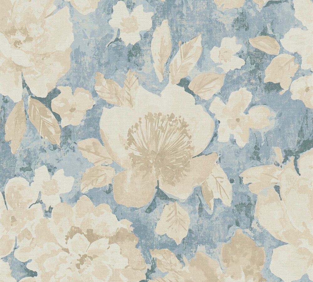 Mustertapete Vintage-Blüten Blau-Beige - 10,05 m x 0,53 m