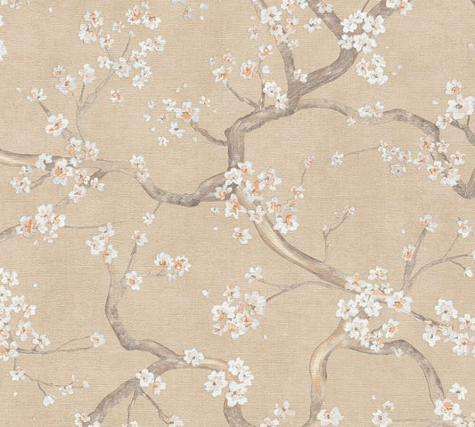 Strukturtapete Kirschblütenzweige Beige-Gold Japanisch