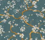Mustertapete Kirschblütenzweige Petrol-Gold Japanisch - 10,05 m x 0,53 m