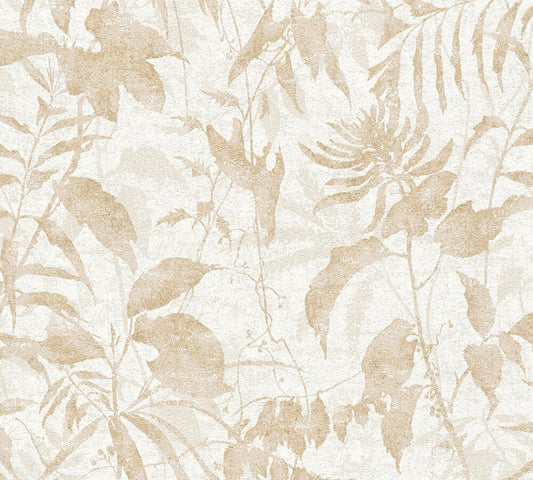 Strukturtapete Blattsilhouetten Beige-Gold Tropisch