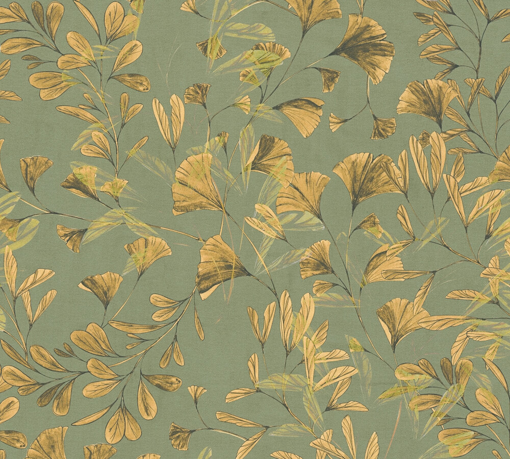 Mustertapete Ginkgo Blätter Grün Gold - 10,05 m x 0,53 m