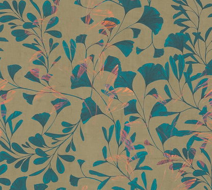 Mustertapete Ginkgo Blätter Petrol Beige - 10,05 m x 0,53 m