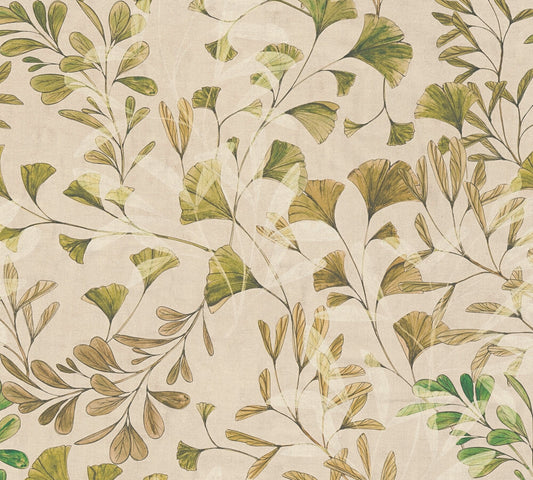 Strukturtapete Ginkgo Blätter Beige Grün