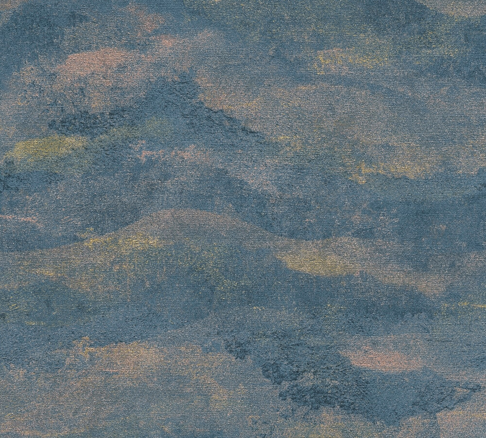 Mustertapete Wolkenstruktur Petrol-Gold Abstrakt - 10,05 m x 0,53 m