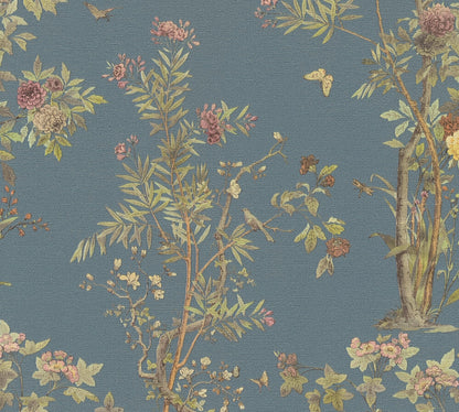 Mustertapete Flora & Fauna Dunkelblau-Bunt - 10,05 m x 0,53 m
