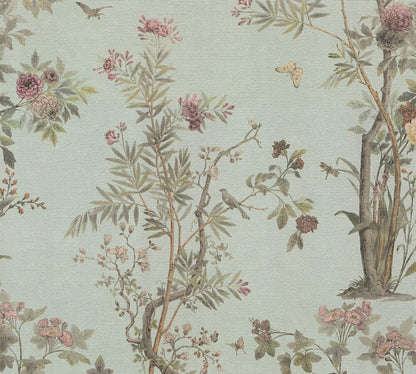 Mustertapete Flora & Fauna Mintgrün-Bunt - 10,05 m x 0,53 m