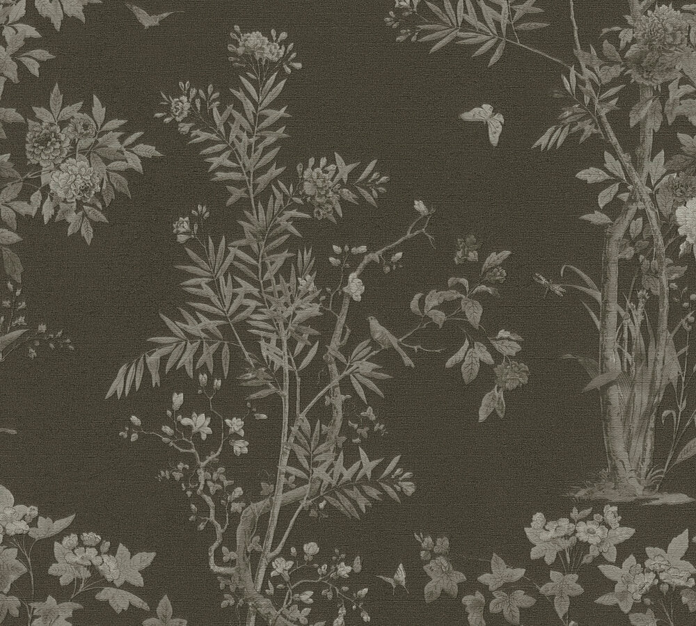 Mustertapete Flora & Fauna Schwarz-Grau - 10,05 m x 0,53 m