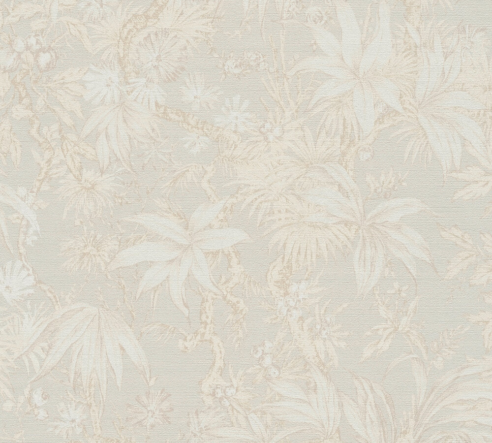 Mustertapete Tropische Flora Beige-Grau - 10,05 m x 0,53 m