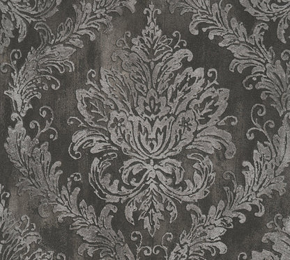 Mustertapete Barock-Ornament Anthrazit-Silber - 10,05 m x 0,53 m