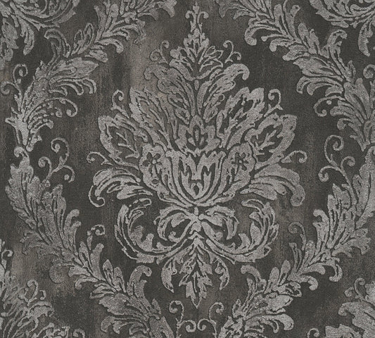 Strukturtapete Barock-Ornament Anthrazit-Silber