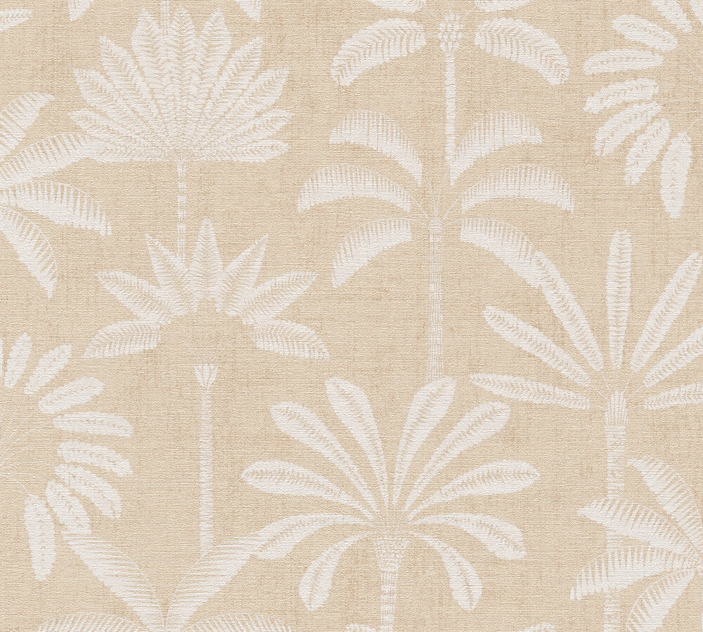 Mustertapete Palmen-Silhouetten Beige-Weiß - 10,05 m x 0,53 m