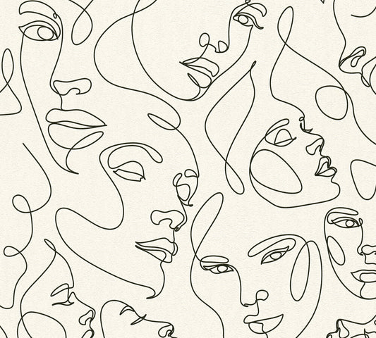 Strukturtapete Gesichter Line-Art Schwarz & Creme