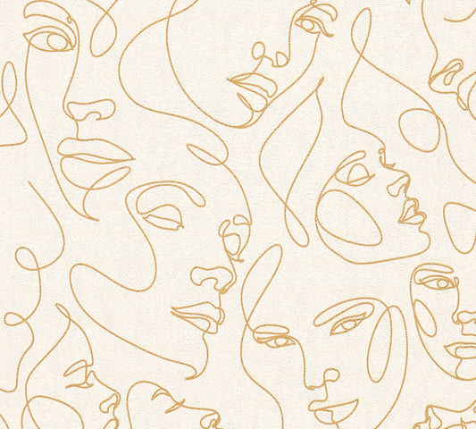 Strukturtapete Gesichter Line-Art Gold & Creme