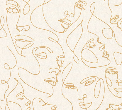 Mustertapete Gesichter Line-Art Gold & Creme - 10,05 m x 0,53 m