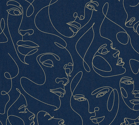 Strukturtapete Gesichter Line-Art Gold & Dunkelblau