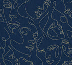 Mustertapete Gesichter Line-Art Gold & Dunkelblau - 10,05 m x 0,53 m