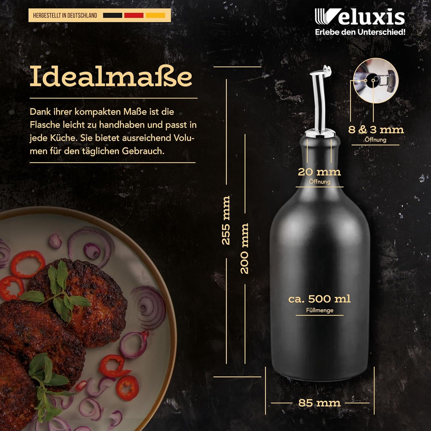 Öl & Essig Flaschen-Set, 2x 500ml Feinsteinzeug Flaschen mit tropffreiem Ausgießer inkl. 2x Ersatzdeckel, Made in Germany, 100% UV-Schutz, lebensmittelechte Materialien (Schwarz)