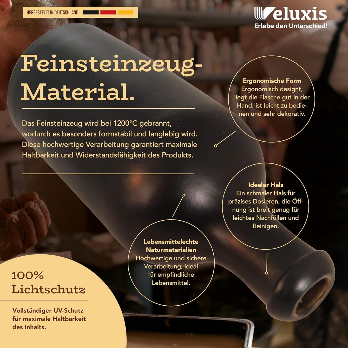 Öl & Essig Flaschen-Set, 2x 500ml Feinsteinzeug Flaschen mit tropffreiem Ausgießer inkl. 2x Ersatzdeckel, Made in Germany, 100% UV-Schutz, lebensmittelechte Materialien (Schwarz)