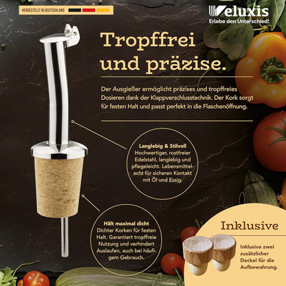 Öl & Essig Flaschen-Set, 2x 500ml Feinsteinzeug Flaschen mit tropffreiem Ausgießer inkl. 2x Ersatzdeckel, Made in Germany, 100% UV-Schutz, lebensmittelechte Materialien (Schwarz)