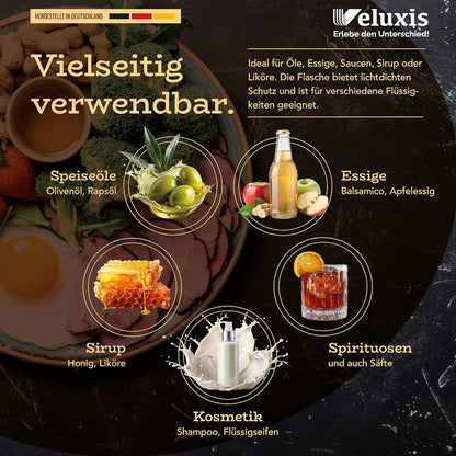 Öl & Essig Flaschen-Set, 2x 500ml Feinsteinzeug Flaschen mit tropffreiem Ausgießer inkl. 2x Ersatzdeckel, Made in Germany, 100% UV-Schutz, lebensmittelechte Materialien (Schwarz)