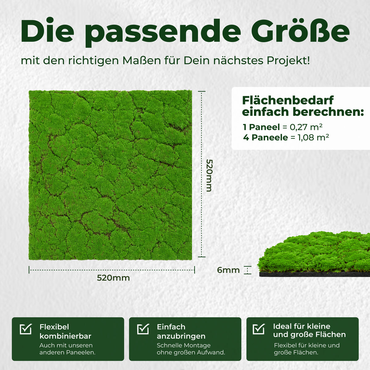 Veluxis Moospaneel 52x52 cm Design Moos Wandpaneel Waldgrün