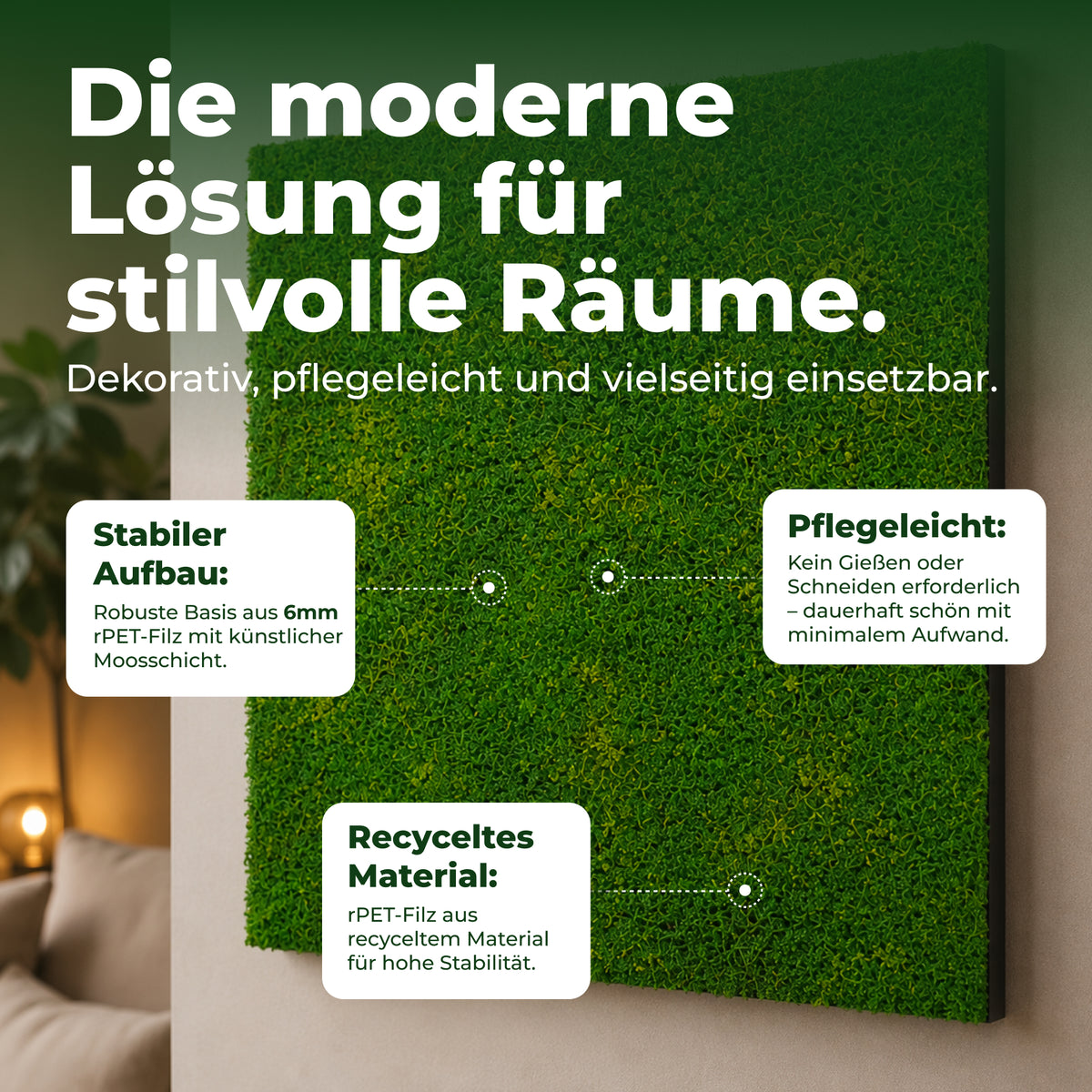 Veluxis Moospaneel 52x52 cm Design Moos Wandpaneel Hellgrün Faser