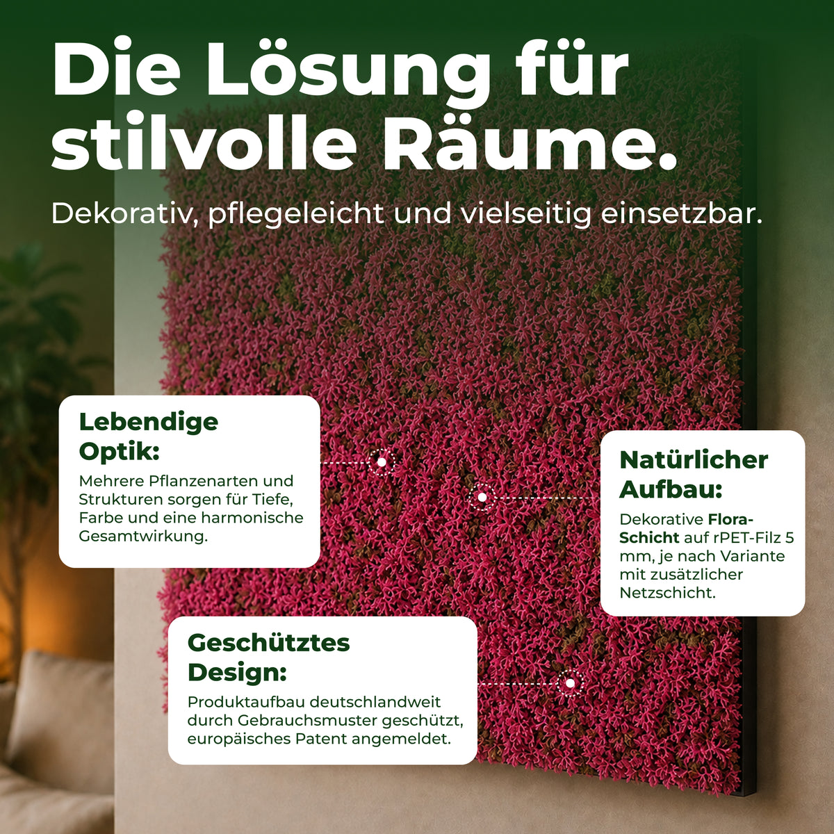 Veluxis Pflanzenpaneel 52x52 cm Kunstpflanzen Designgras Pink