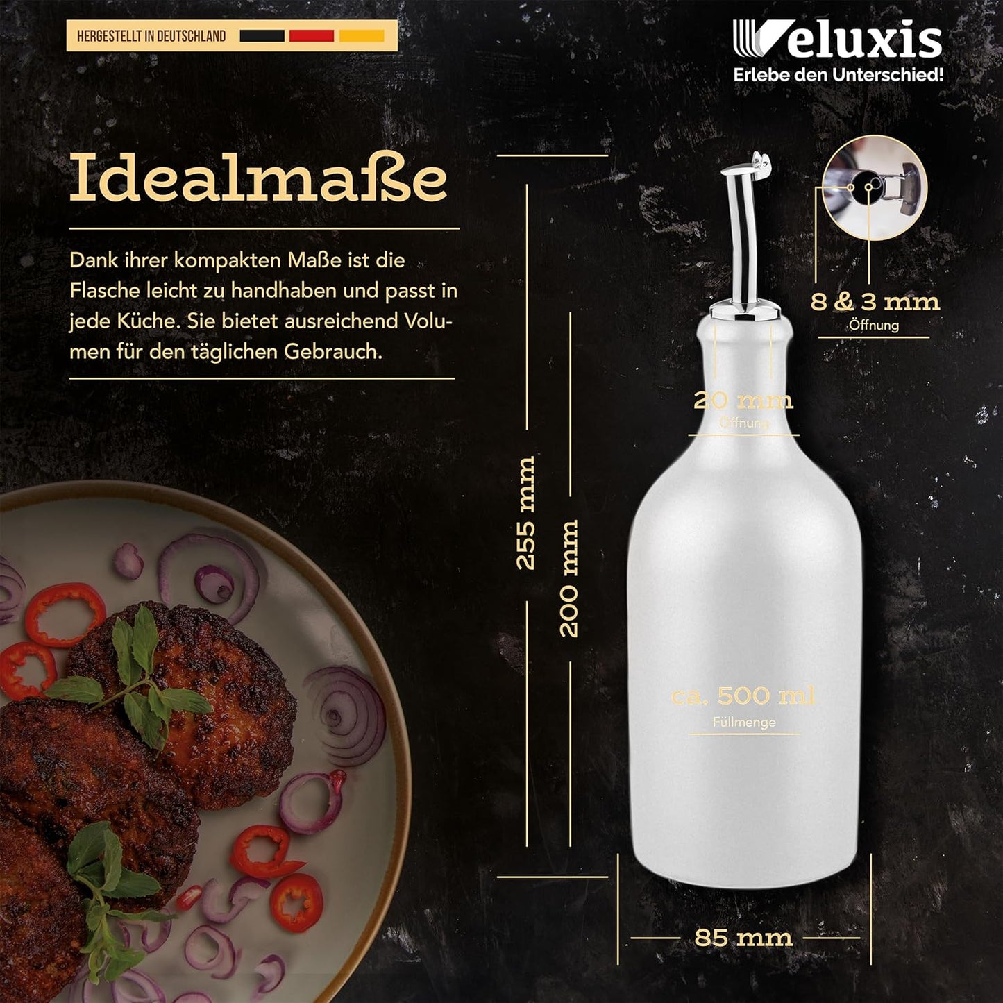 Öl & Essig Flaschen-Set, 2x 500ml Feinsteinzeug Flaschen mit tropffreiem Ausgießer inkl. 2x Ersatzdeckel, Made in Germany, 100% UV-Schutz, lebensmittelechte Materialien (Weiß)