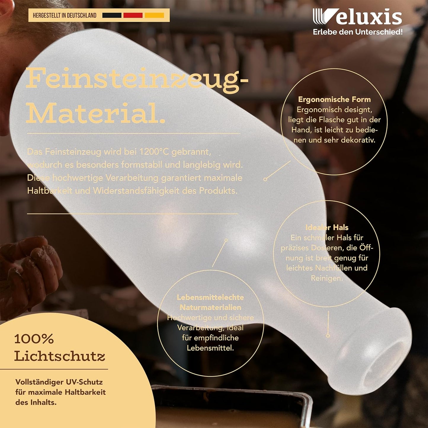 Öl & Essig Flaschen-Set, 2x 500ml Feinsteinzeug Flaschen mit tropffreiem Ausgießer inkl. 2x Ersatzdeckel, Made in Germany, 100% UV-Schutz, lebensmittelechte Materialien (Weiß)