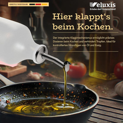 Öl & Essig Flaschen-Set, 2x 500ml Feinsteinzeug Flaschen mit tropffreiem Ausgießer inkl. 2x Ersatzdeckel, Made in Germany, 100% UV-Schutz, lebensmittelechte Materialien (Weiß)