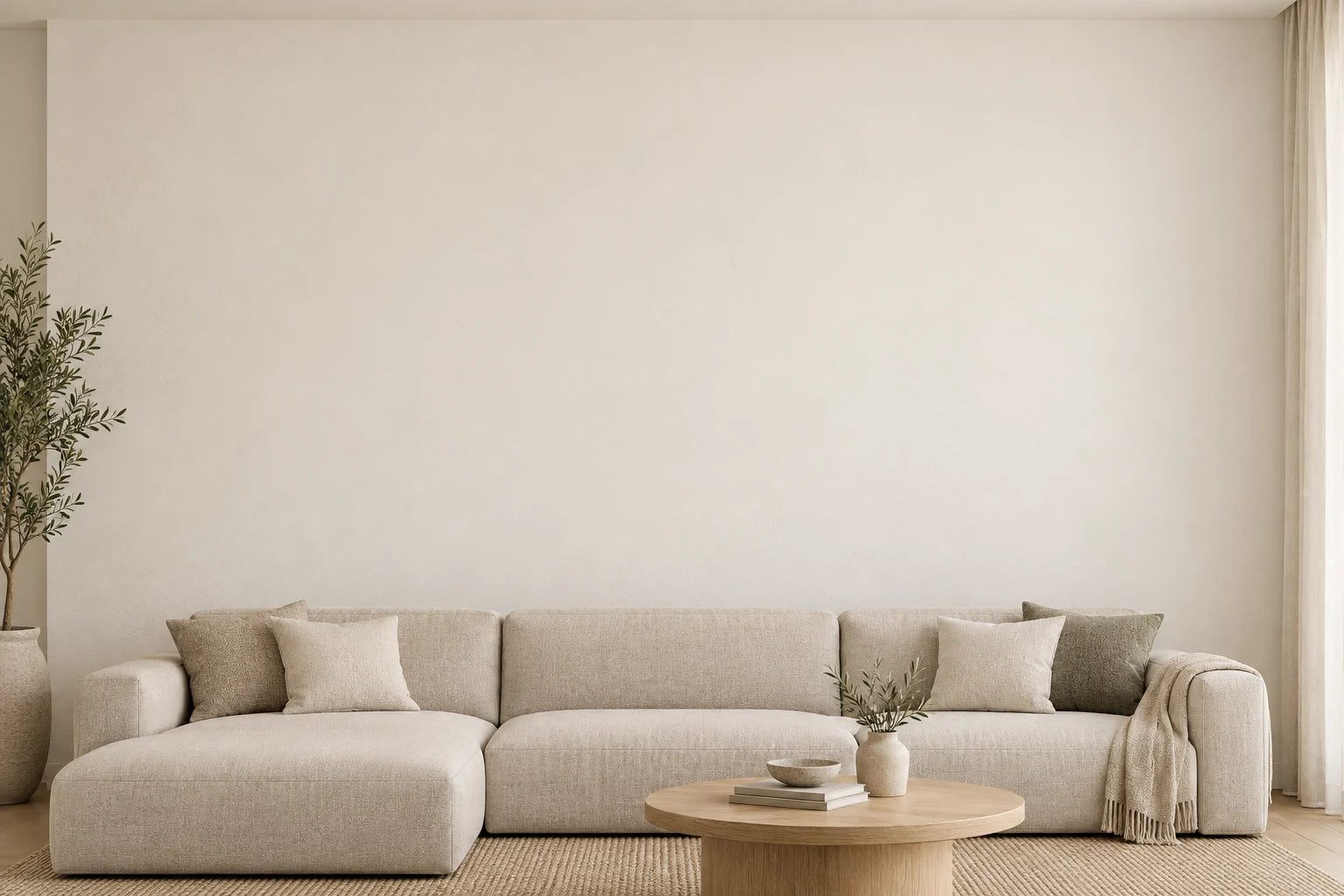 Wohnzimmer mit freier heller Wand und beigefarbenem Sofa