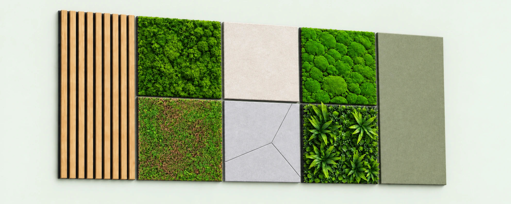 Modular-Wall-Materialkombination aus Holz-Akustikpaneelen, Moos, PET-Filz, Kokosfasern, Design-Moos, Flora, Stein und geometrischem Filz in seitlicher Ansicht.
